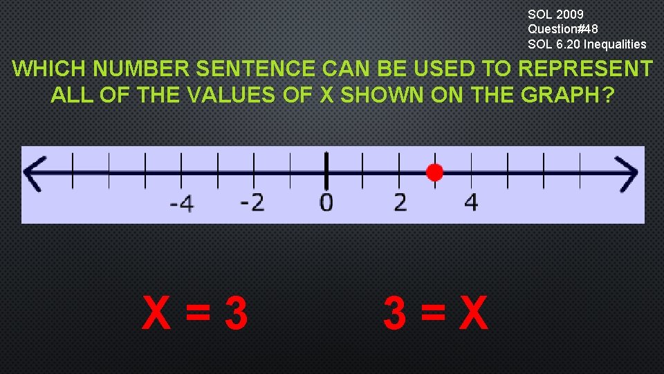 SOL 2009 Question#48 SOL 6. 20 Inequalities WHICH NUMBER SENTENCE CAN BE USED TO