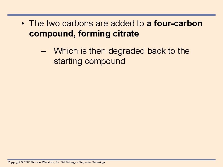  • The two carbons are added to a four-carbon compound, forming citrate –