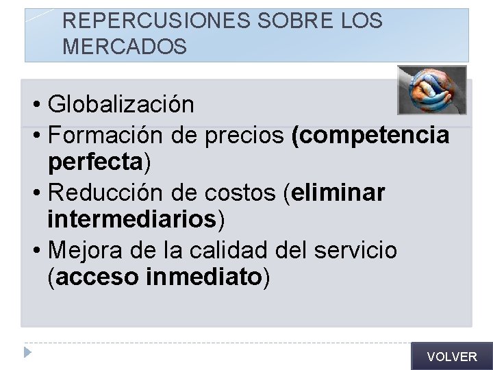 REPERCUSIONES SOBRE LOS MERCADOS • Globalización • Formación de precios (competencia perfecta) • Reducción