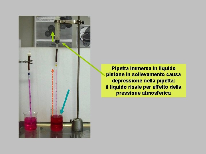 Pipetta immersa in liquido pistone in sollevamento causa depressione nella pipetta: il liquido risale