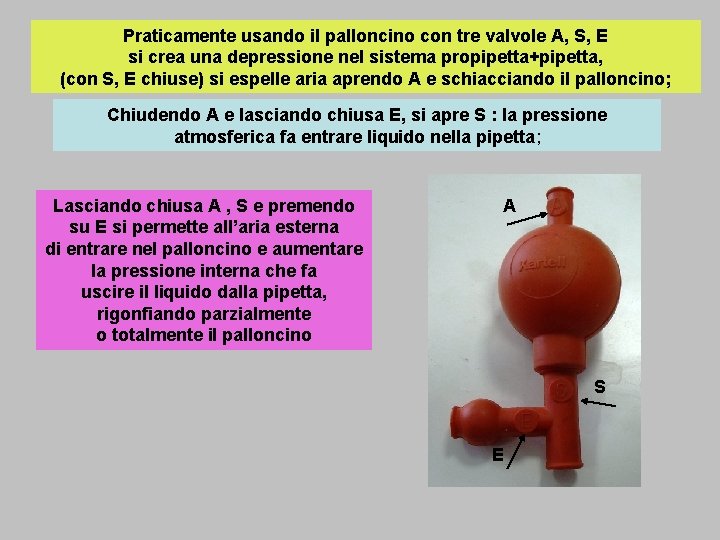 Praticamente usando il palloncino con tre valvole A, S, E si crea una depressione