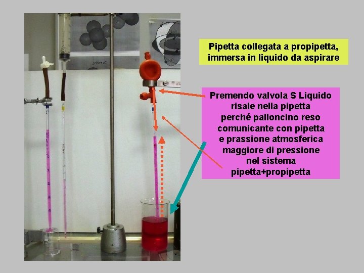 Pipetta collegata a propipetta, immersa in liquido da aspirare Premendo valvola S Liquido risale