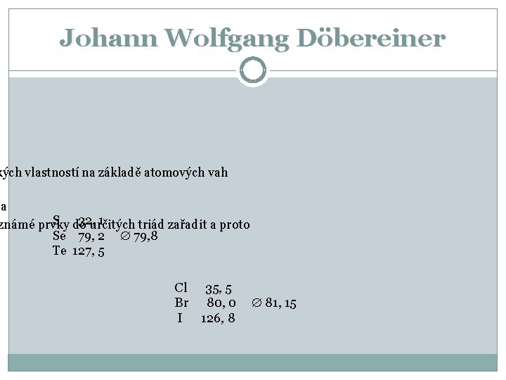 Johann Wolfgang Döbereiner kých vlastností na základě atomových vah Ba S do 32, určitých