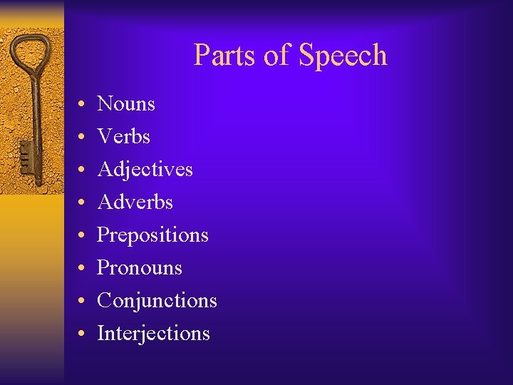 Parts of Speech • • Nouns Verbs Adjectives Adverbs Prepositions Pronouns Conjunctions Interjections 