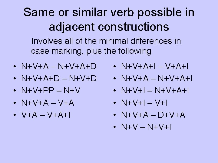 Same or similar verb possible in adjacent constructions Involves all of the minimal differences