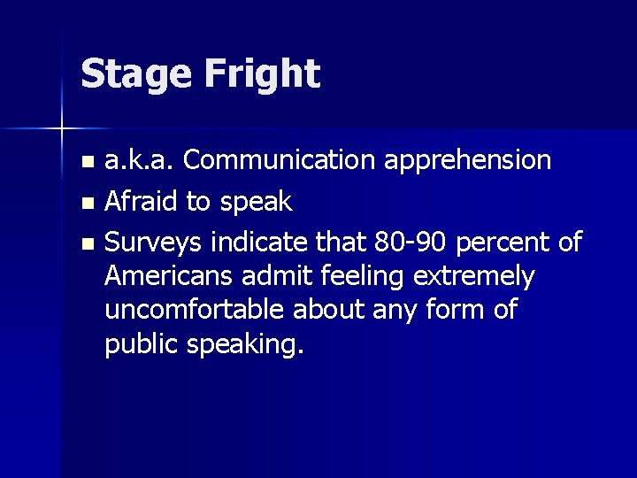 Stage Fright a. k. a. Communication apprehension n Afraid to speak n Surveys indicate