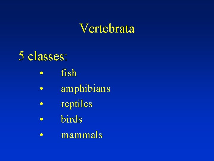 Vertebrata 5 classes: • • • fish amphibians reptiles birds mammals 