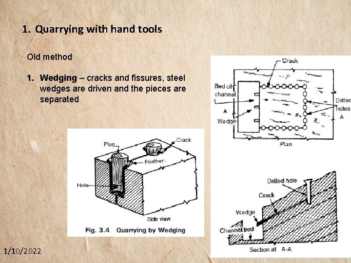 1. Quarrying with hand tools Old method 1. Wedging – cracks and fissures, steel