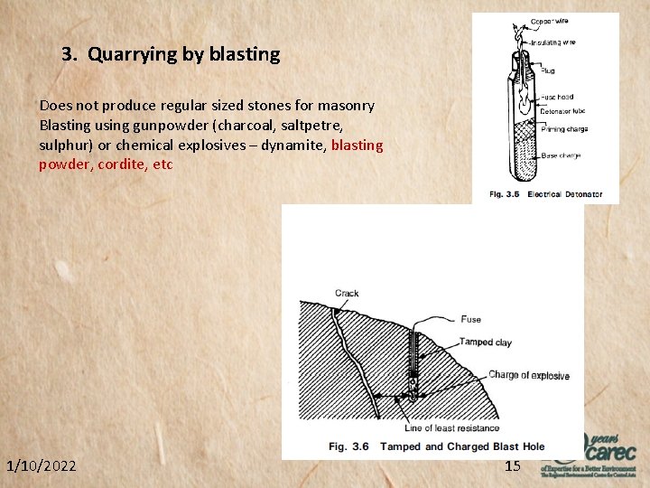3. Quarrying by blasting Does not produce regular sized stones for masonry Blasting using