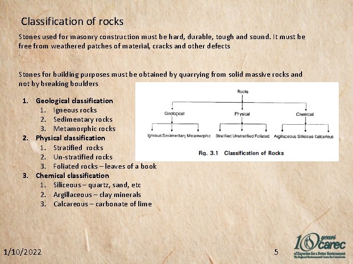 Classification of rocks Stones used for masonry construction must be hard, durable, tough and