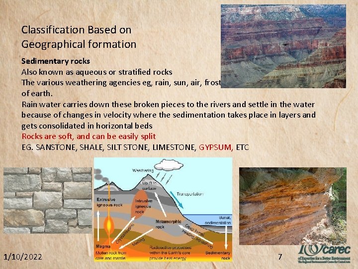 Classification Based on Geographical formation Sedimentary rocks Also known as aqueous or stratified rocks