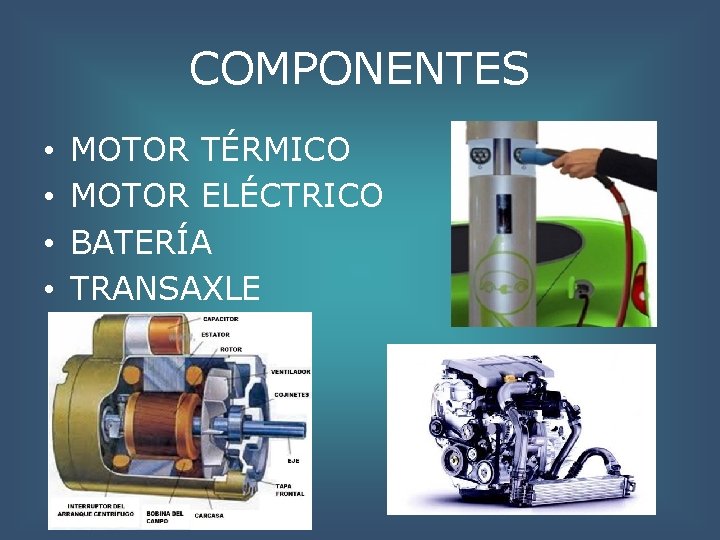 COMPONENTES • • MOTOR TÉRMICO MOTOR ELÉCTRICO BATERÍA TRANSAXLE 