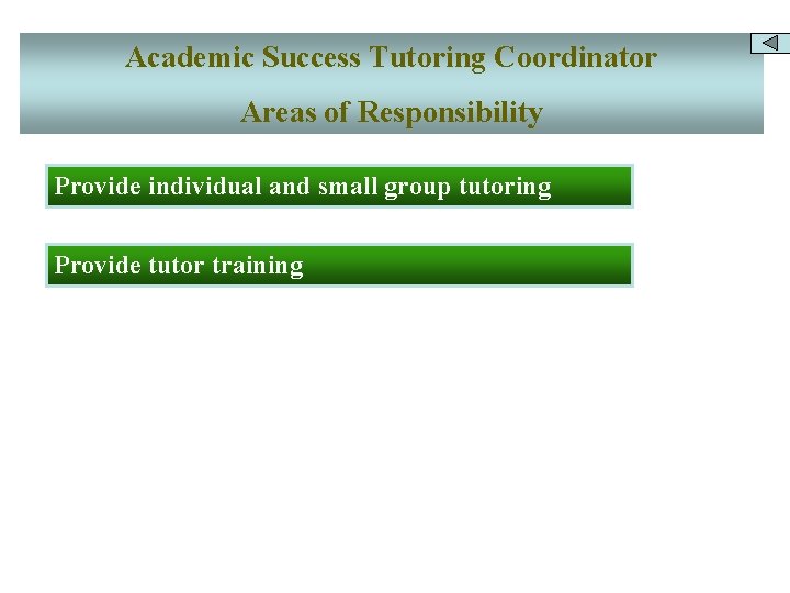 Academic Success Tutoring Coordinator Areas of Responsibility Provide individual and small group tutoring Provide