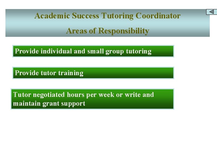 Academic Success Tutoring Coordinator Areas of Responsibility Provide individual and small group tutoring Provide