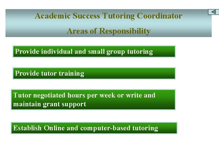 Academic Success Tutoring Coordinator Areas of Responsibility Provide individual and small group tutoring Provide