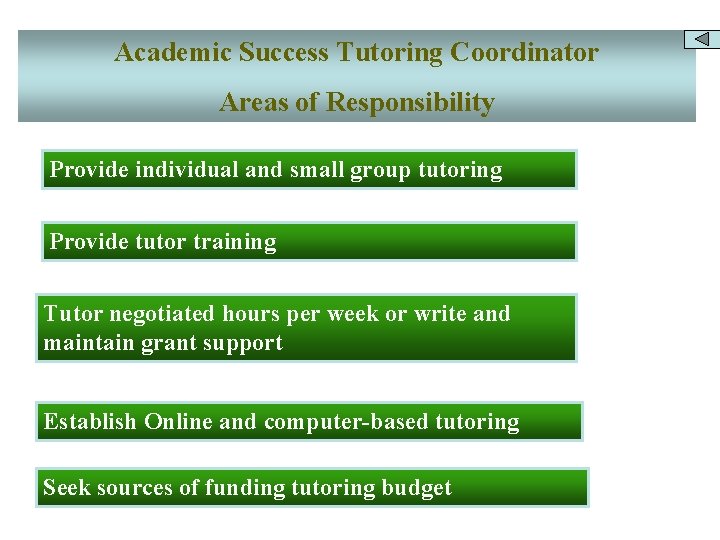 Academic Success Tutoring Coordinator Areas of Responsibility Provide individual and small group tutoring Provide