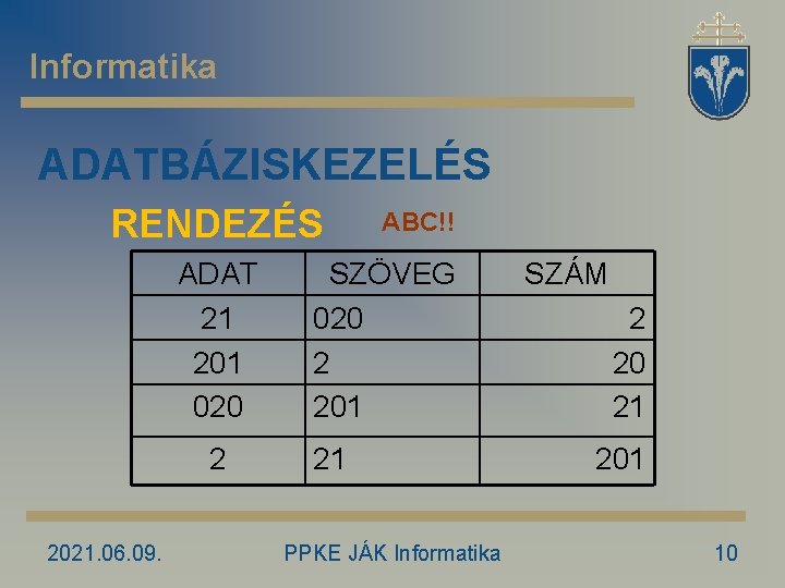 Informatika ADATBÁZISKEZELÉS RENDEZÉS ADAT 21 201 020 2 2021. 06. 09. ABC!! SZÖVEG 020