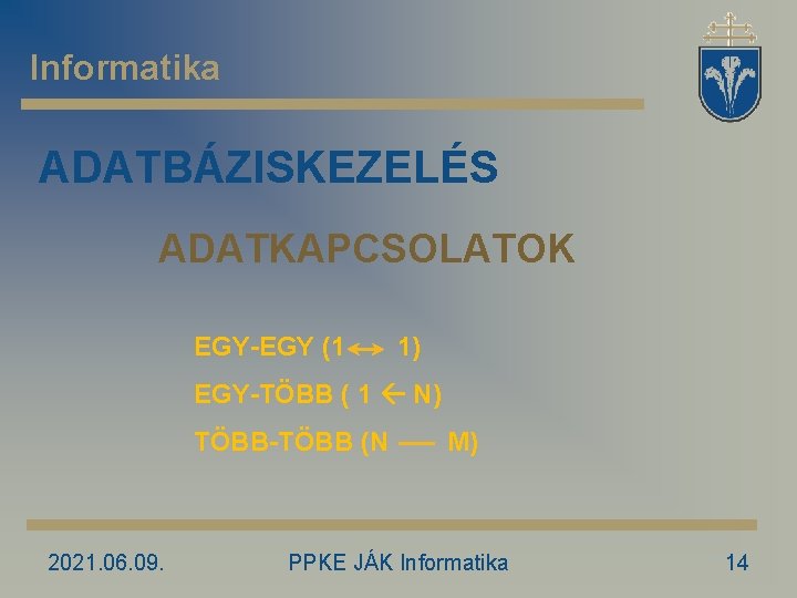 Informatika ADATBÁZISKEZELÉS ADATKAPCSOLATOK EGY-EGY (1 1) EGY-TÖBB ( 1 N) TÖBB-TÖBB (N 2021. 06.