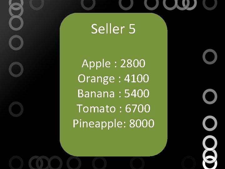 Seller 5 Apple : 2800 Orange : 4100 Banana : 5400 Tomato : 6700
