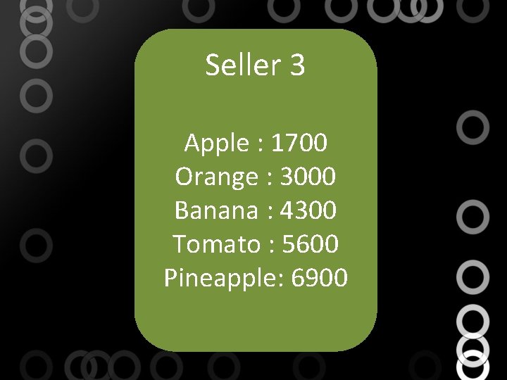 Seller 3 Apple : 1700 Orange : 3000 Banana : 4300 Tomato : 5600