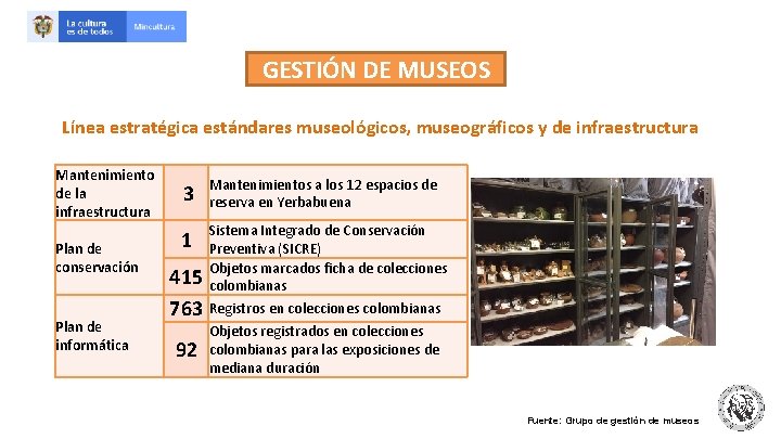 GESTIÓN DE MUSEOS Línea estratégica estándares museológicos, museográficos y de infraestructura Mantenimiento de la