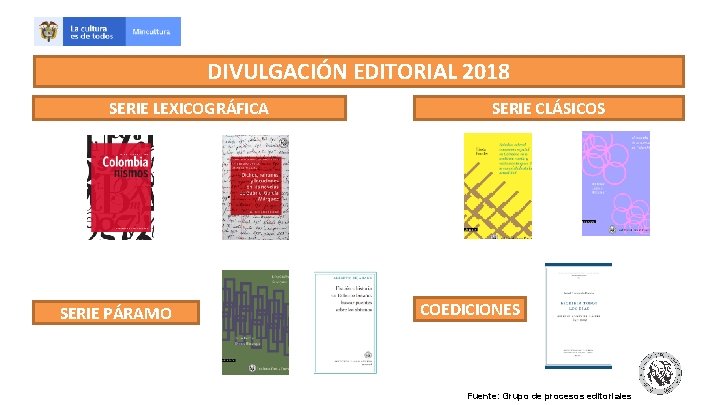 DIVULGACIÓN EDITORIAL 2018 SERIE LEXICOGRÁFICA y 15 proyectos. SERIE PÁRAMO SERIE CLÁSICOS proveedores COEDICIONES