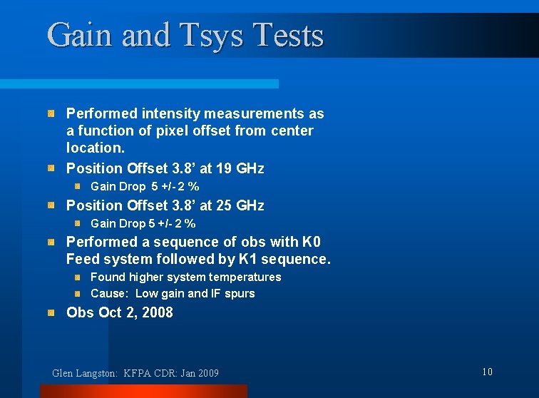 Gain and Tsys Tests Performed intensity measurements as a function of pixel offset from