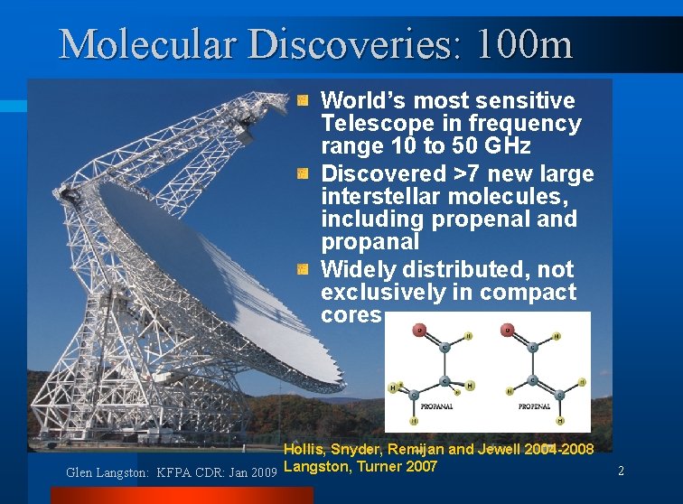 Molecular Discoveries: 100 m World’s most sensitive Telescope in frequency range 10 to 50