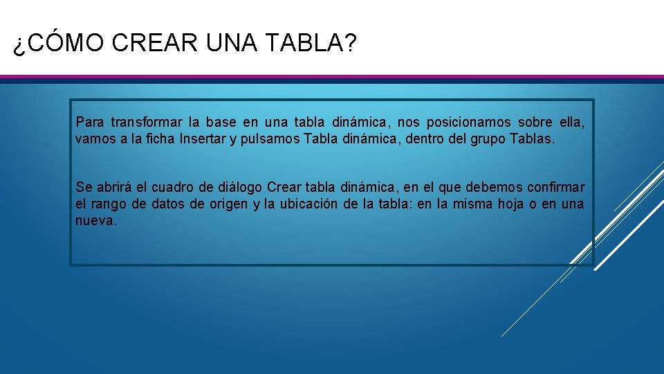 ¿CÓMO CREAR UNA TABLA? Para transformar la base en una tabla dinámica, nos posicionamos ¿CÓMO CREAR UNA TABLA? Para transformar la base en una tabla dinámica, nos posicionamos