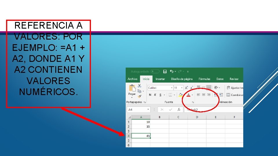 REFERENCIA A VALORES: POR EJEMPLO: =A 1 + A 2, DONDE A 1 Y REFERENCIA A VALORES: POR EJEMPLO: =A 1 + A 2, DONDE A 1 Y