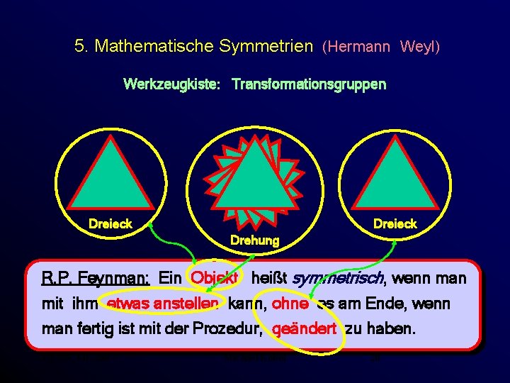 5. Mathematische Symmetrien (Hermann Weyl) Werkzeugkiste: Transformationsgruppen Dreieck Drehung R. P. Feynman: Ein Objekt