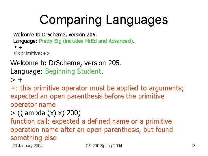 Comparing Languages Welcome to Dr. Scheme, version 205. Language: Pretty Big (includes Mr. Ed Comparing Languages Welcome to Dr. Scheme, version 205. Language: Pretty Big (includes Mr. Ed