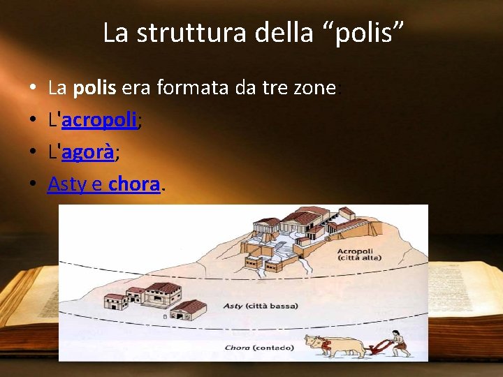 La struttura della “polis” • • La polis era formata da tre zone: L'acropoli;