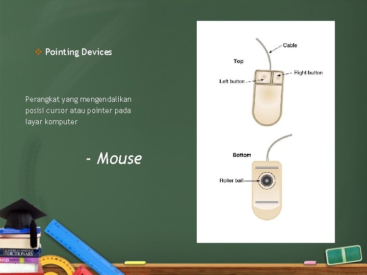 v Pointing Devices Perangkat yang mengendalikan posisi cursor atau pointer pada layar komputer -