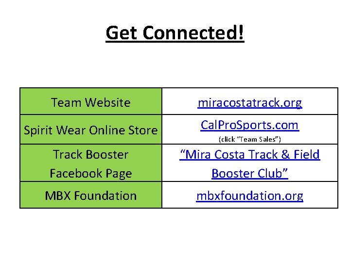 Get Connected! Team Website miracostatrack. org Spirit Wear Online Store Cal. Pro. Sports. com