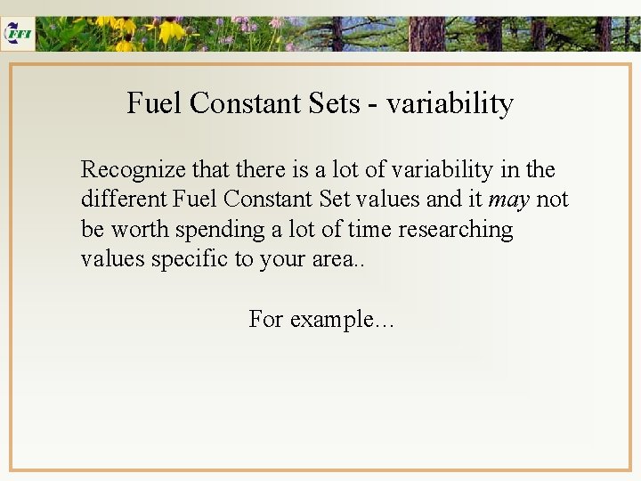 Fuel Constant Sets - variability Recognize that there is a lot of variability in