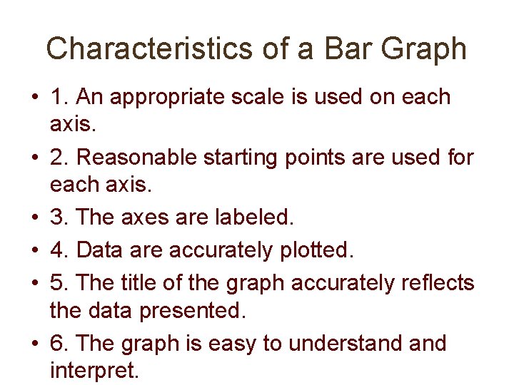 Characteristics of a Bar Graph • 1. An appropriate scale is used on each