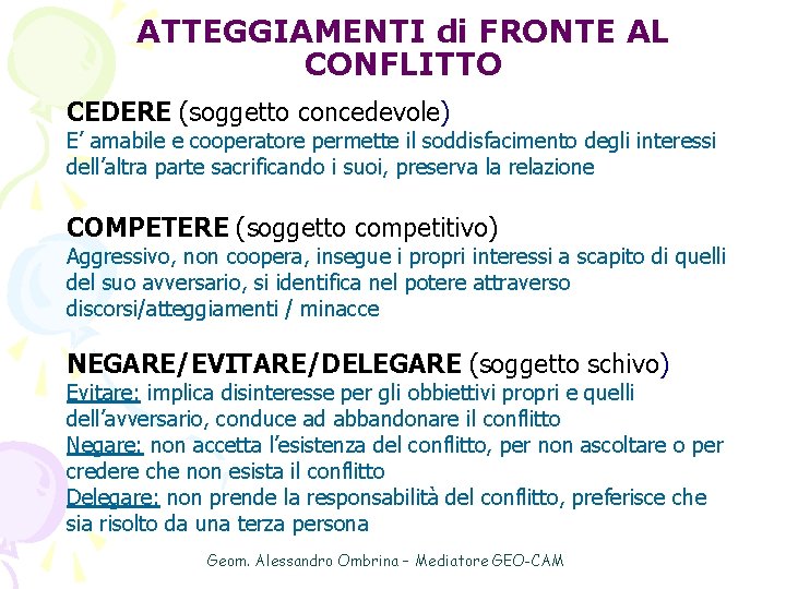 ATTEGGIAMENTI di FRONTE AL CONFLITTO CEDERE (soggetto concedevole) E’ amabile e cooperatore permette il