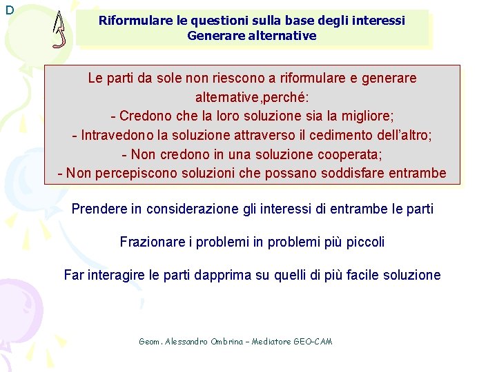 D Riformulare le questioni sulla base degli interessi Generare alternative Le parti da sole