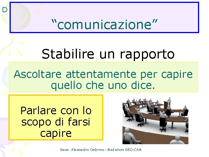 D “comunicazione” Stabilire un rapporto Ascoltare attentamente per capire quello che uno dice. Parlare