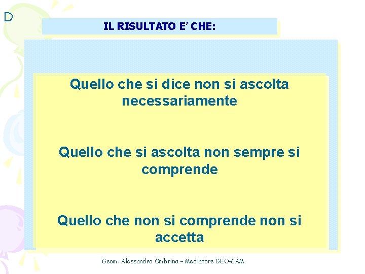 D IL RISULTATO E’ CHE: Quello che si dice non si ascolta necessariamente Quello