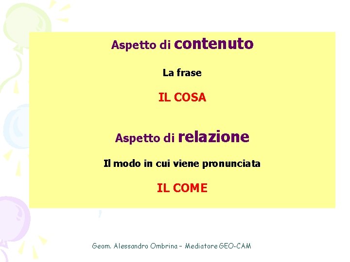 Aspetto di contenuto La frase IL COSA Aspetto di relazione Il modo in cui