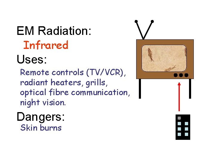 EM Radiation: Infrared Uses: Remote controls (TV/VCR), radiant heaters, grills, optical fibre communication, night