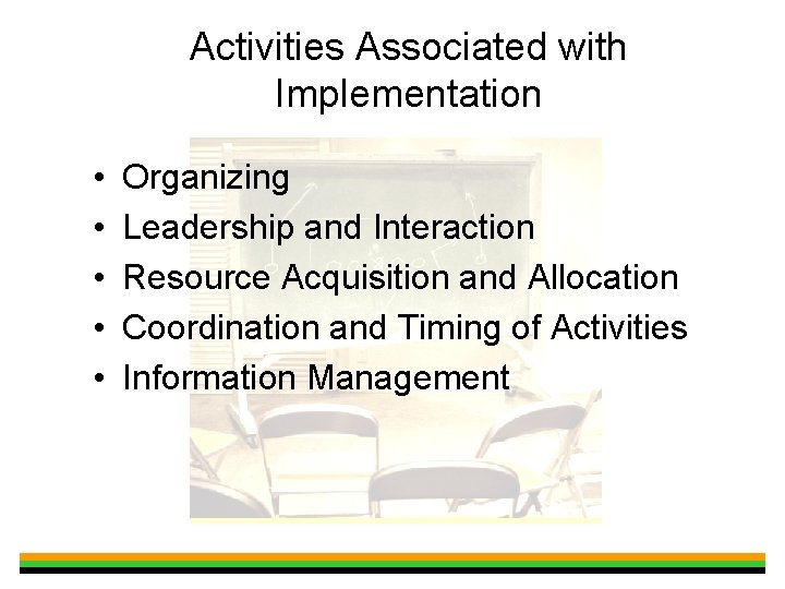 Activities Associated with Implementation • • • Organizing Leadership and Interaction Resource Acquisition and