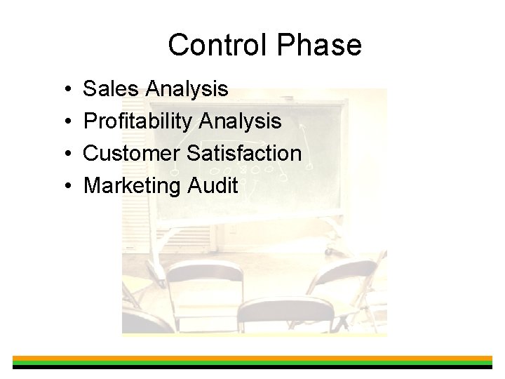 Control Phase • • Sales Analysis Profitability Analysis Customer Satisfaction Marketing Audit 