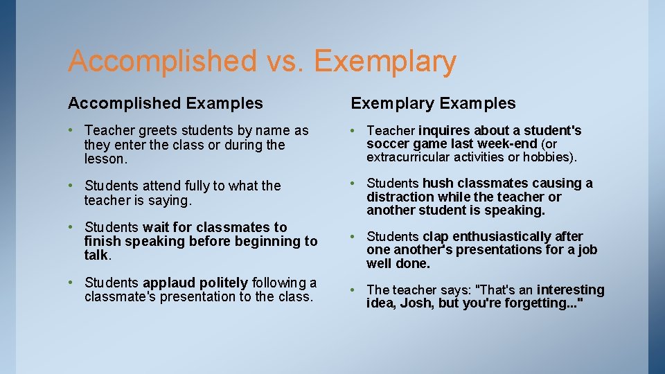 Accomplished vs. Exemplary Accomplished Examples Exemplary Examples • Teacher greets students by name as