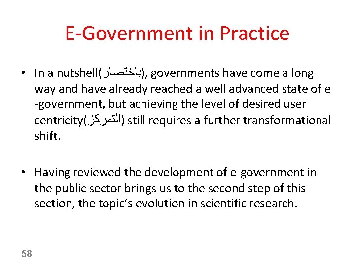 E-Government in Practice • In a nutshell( )ﺑﺎﺧﺘﺼﺎﺭ , governments have come a long