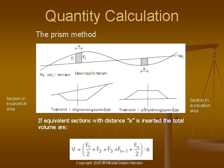 Quantity Calculation The prism method New road in terrain Section in excavation area If