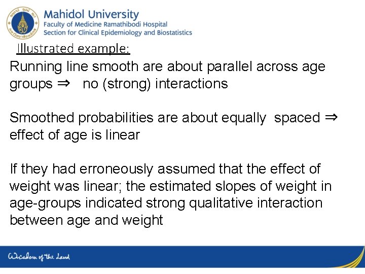 Illustrated example: Running line smooth are about parallel across age groups ⇒ no (strong)
