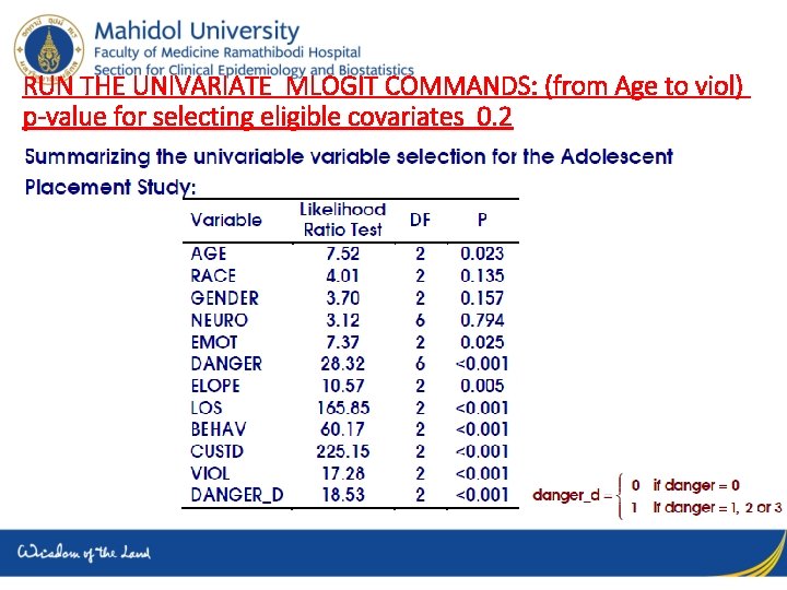 RUN THE UNIVARIATE MLOGIT COMMANDS: (from Age to viol) p-value for selecting eligible covariates